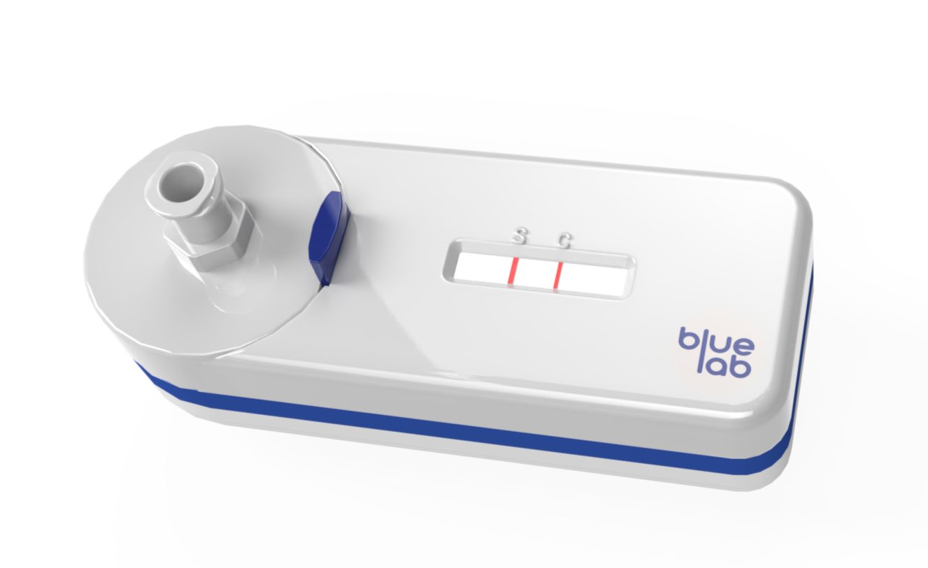 Darstellung des Schnelltests BlueLab GO mit Probenanschluss und Sichtfenster für die Testlinien